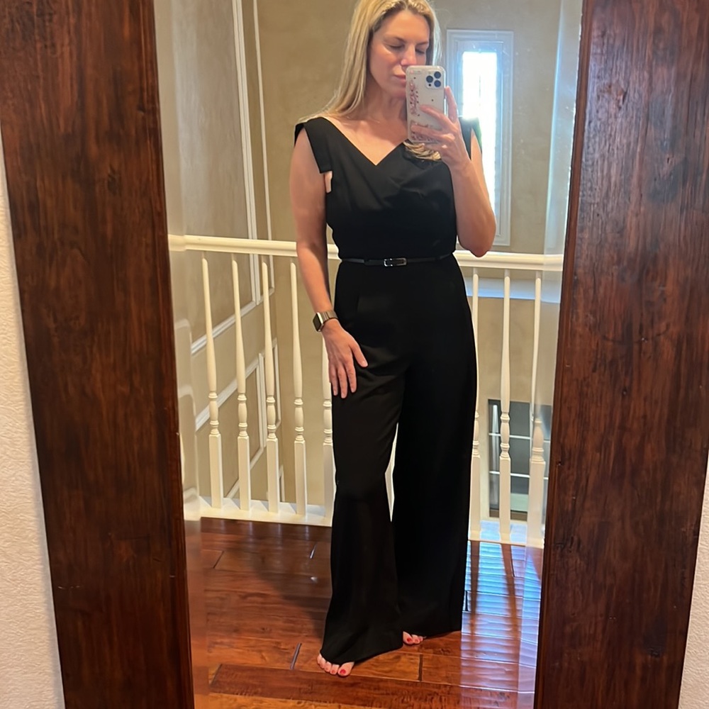 Black halo Jackie cap sleeve wide leg belted jumpsuit